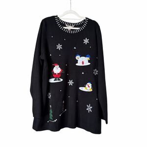 White Stage Women’s Christmas Sweater 2X Black Embroidered Snowman Santa Vintage
